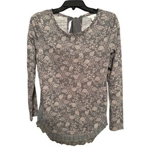 LC Lauren Conrad Womens Gray Floral Lace Trim Tie Back Long Sleeve Top XS